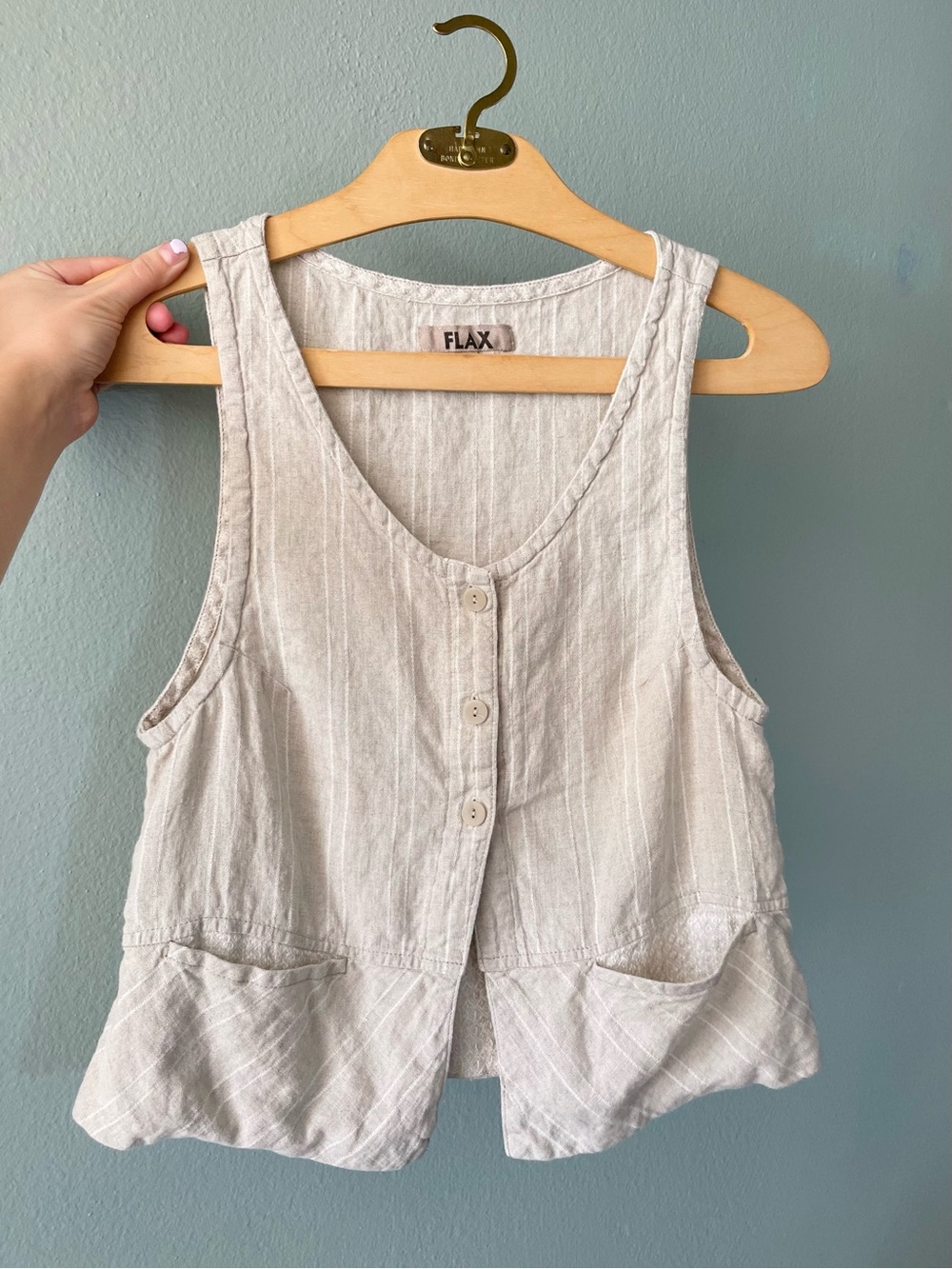 Flax | Beige Striped Linen Vest Tank Top - Picture 2 of 6